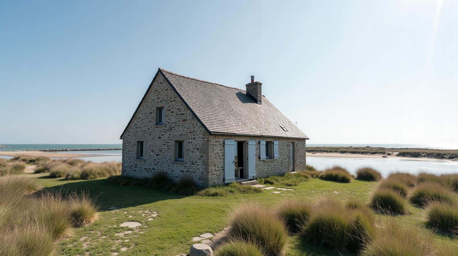 Maison basse en granit d'un hameau de paludiers à Batz-sur-Mer