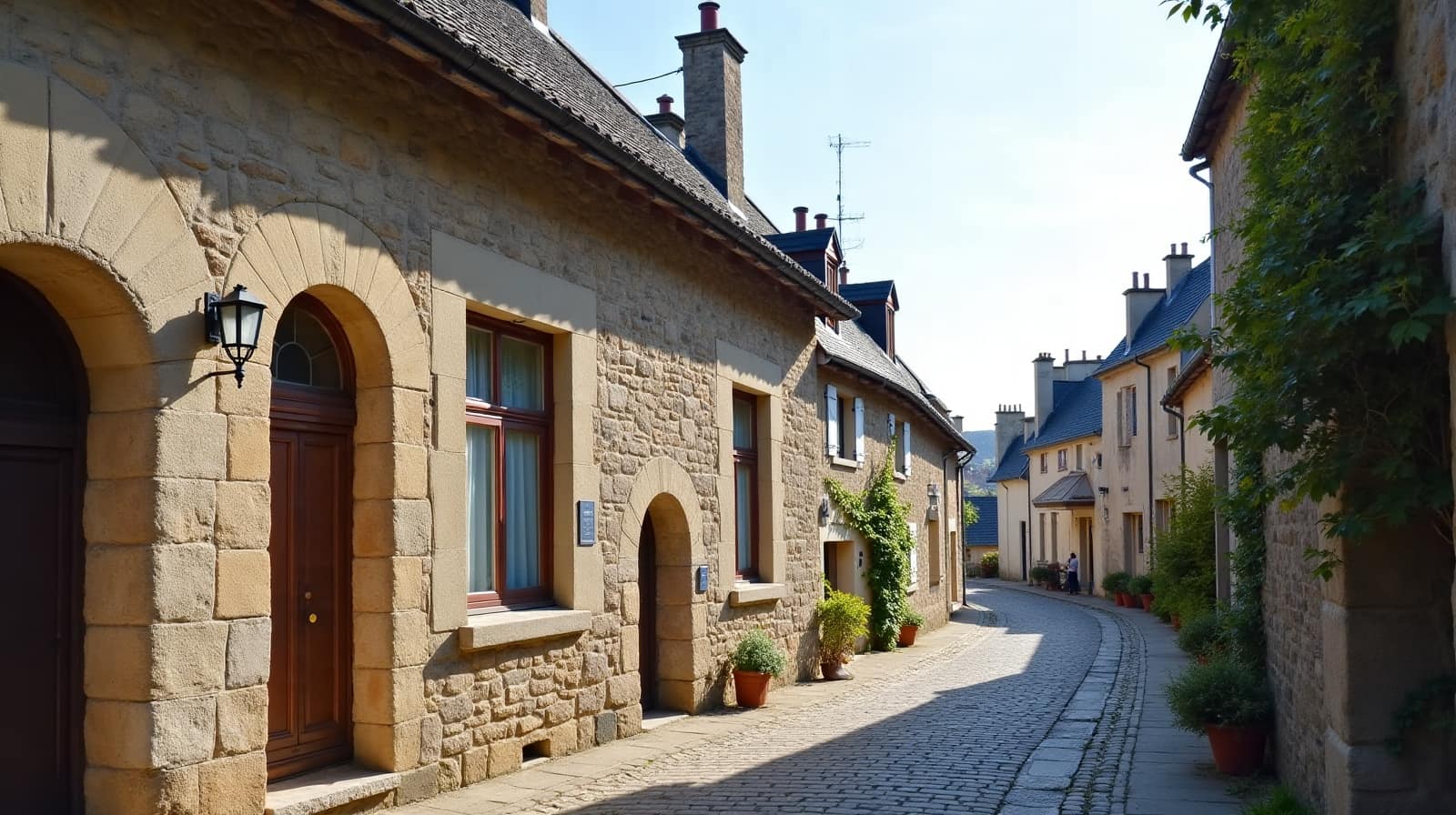 Rue pavée du centre ancien de Guérande, façades de pierre et toits d'ardoise
