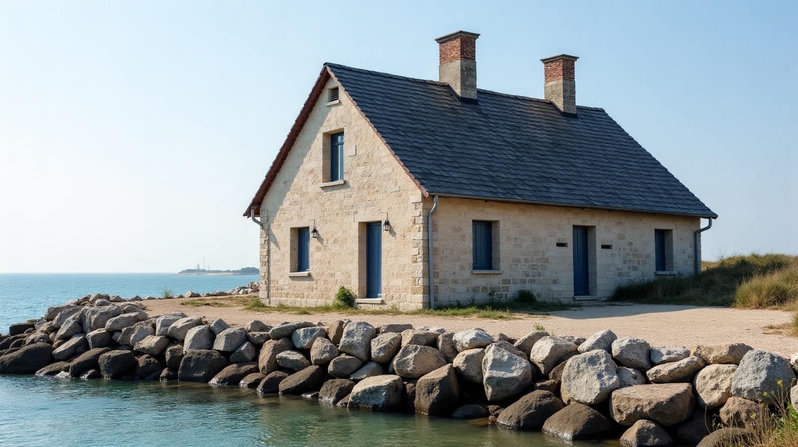 Maison en granit et toiture d'ardoise en pointe de presqu'île au Croisic