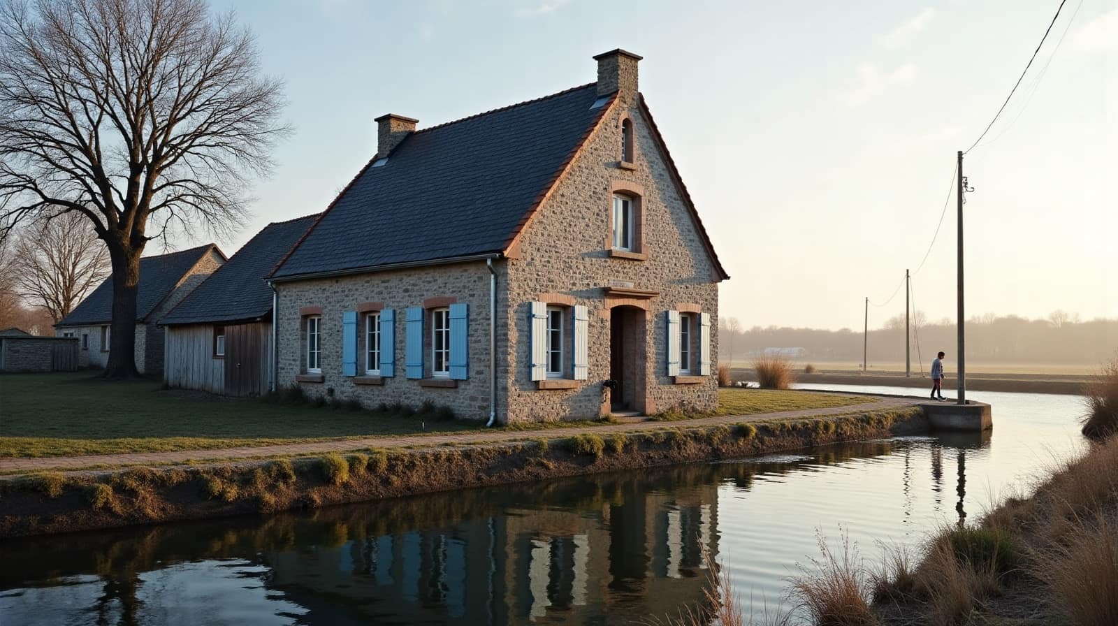 Maison en pierre au toit d'ardoise au bord de l'eau à Paimbœuf