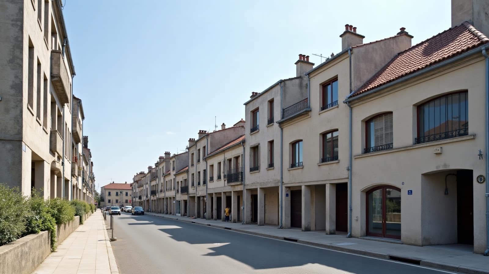 Toitures basses et régulières du centre reconstruit de Saint-Nazaire, béton et brique
