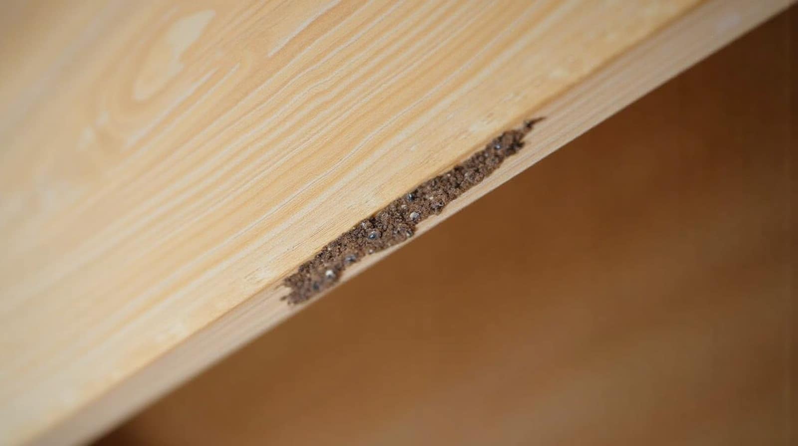 Trace d'humidité brune sur un chevron de charpente vu depuis les combles, gros plan sur le bois