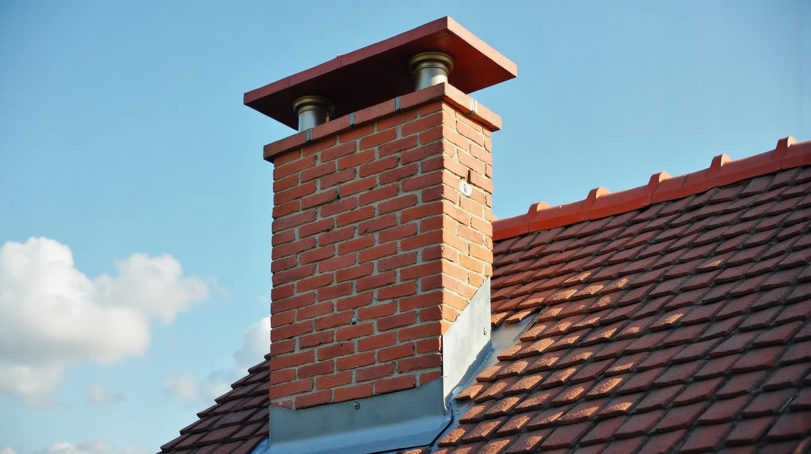 Photographie en gros plan d'une souche de cheminée en brique sur une toiture, détail du solin en zinc à la jonction avec les tuiles, lumière de jour, aucune personne, aucun texte
