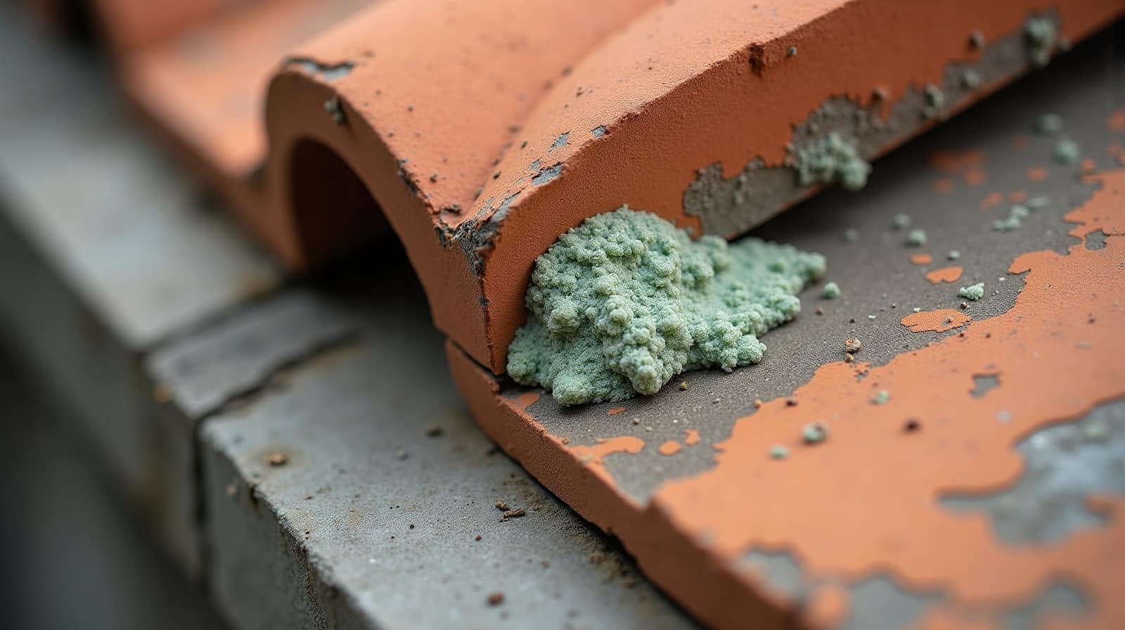 Geste de démoussage à la brosse sur un pan de tuiles, une seule main visible, gros plan sur le matériau