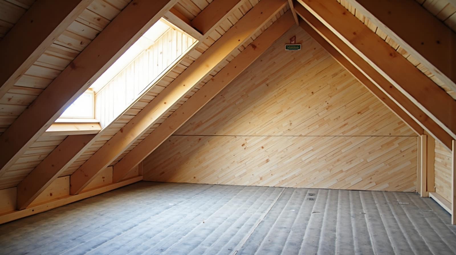 Photographie en gros plan d'une membrane pare-vapeur agrafée sur des chevrons de charpente en bois à l'intérieur de combles, matériau isolant visible, lumière naturelle, aucune personne, aucun texte