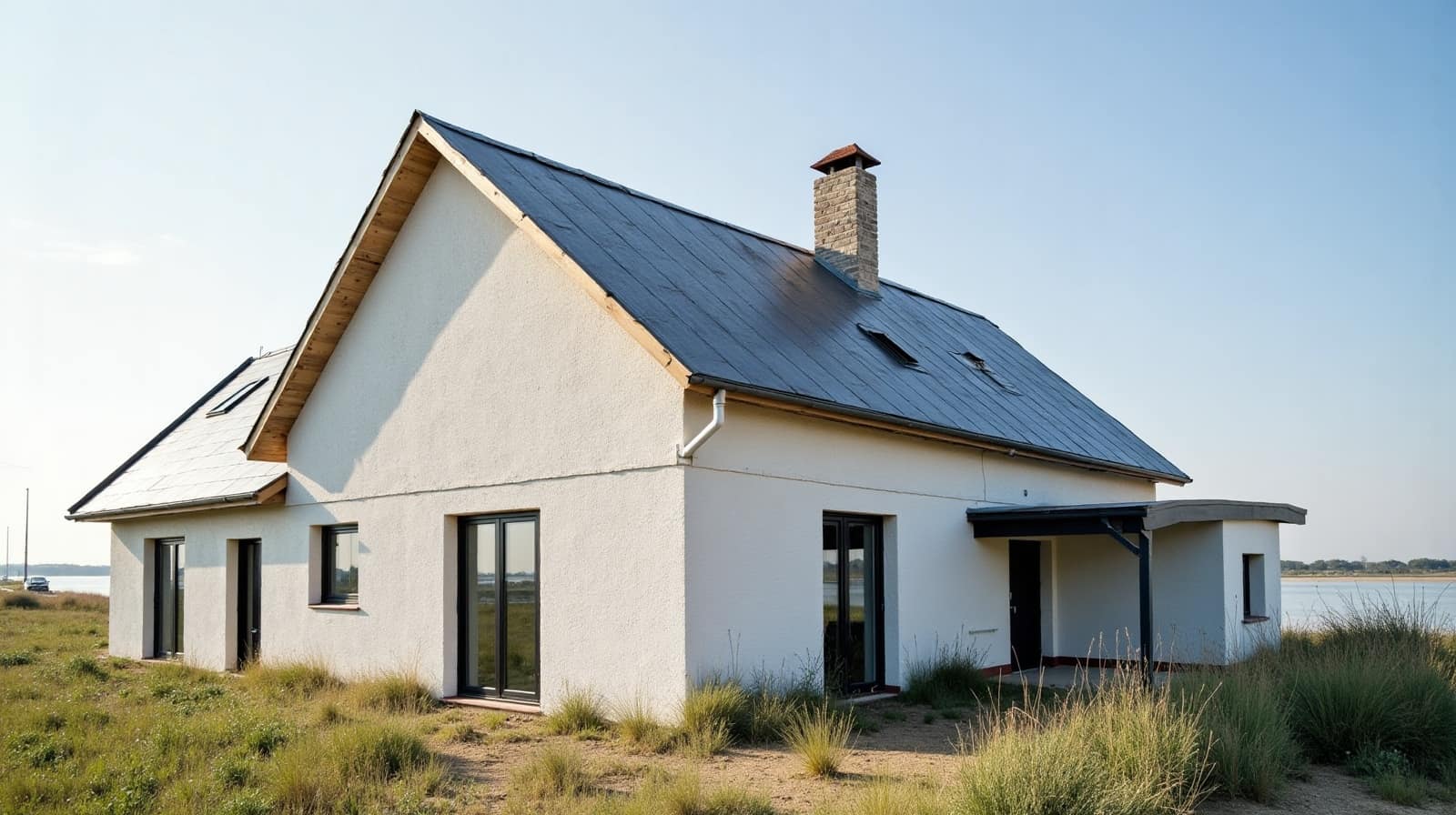 Gros plan sur une toiture en ardoise sur une maison exposée au vent, texture et reflets de la couverture