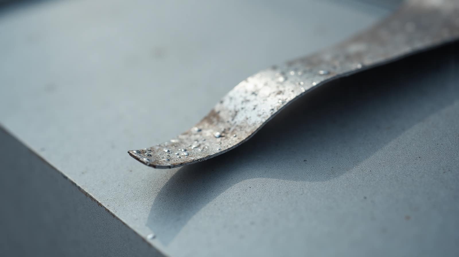 Photographie macro d'un court tronçon de gouttière en zinc tordu et cabossé, métal plié par le vent, fond flou neutre, aucune construction entière visible, aucune personne, aucun texte