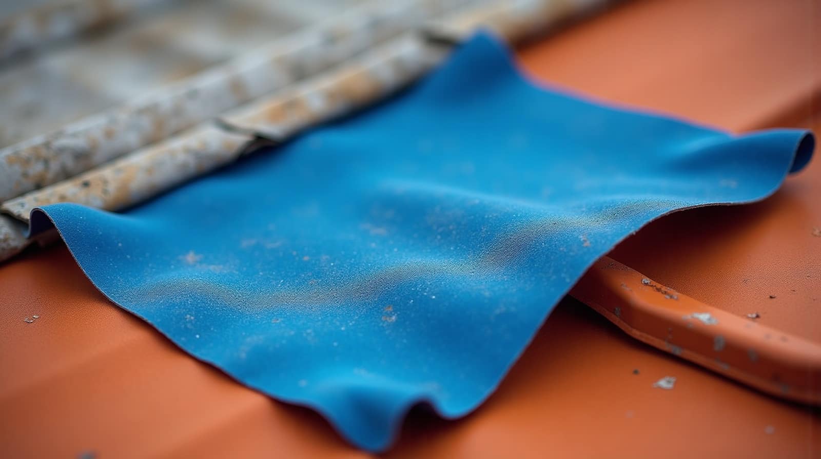 Photographie macro d'une toile plastique bleue froissée et souple posée à plat sur des tuiles en terre cuite orangées, plis visibles dans le plastique fin, vue rapprochée sur la matière, lumière de jour, aucune personne, aucun texte